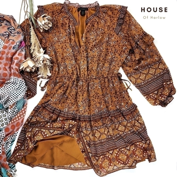 House of Harlow Revolve Brown Floral Boho Sheer Layered Ruffled Peasant … - Picture 1 of 16